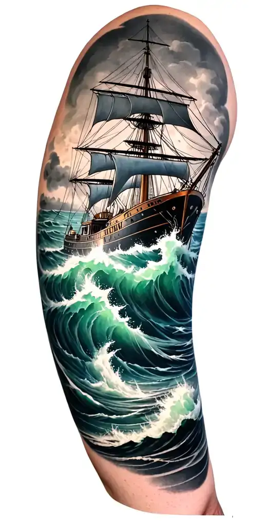2 section tatto top half black and grey realism of ship in a storm lower  section the poseidon beneath  in color tattoo design idea