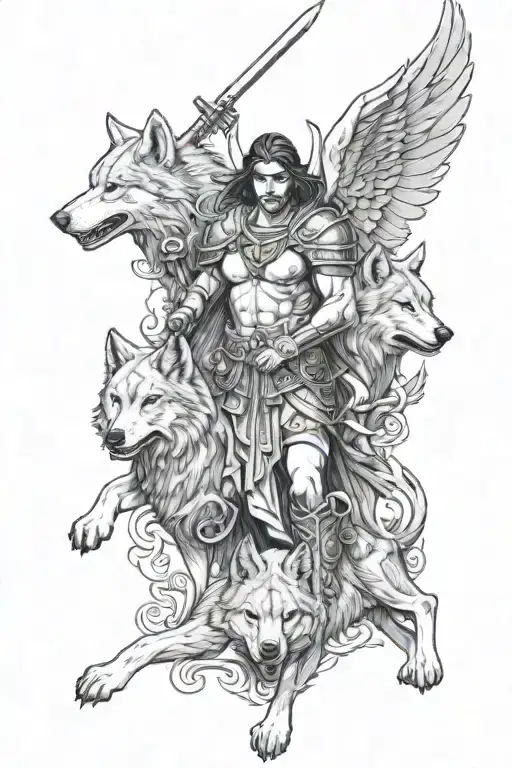 warrior angel with three wolves tattoo design idea
