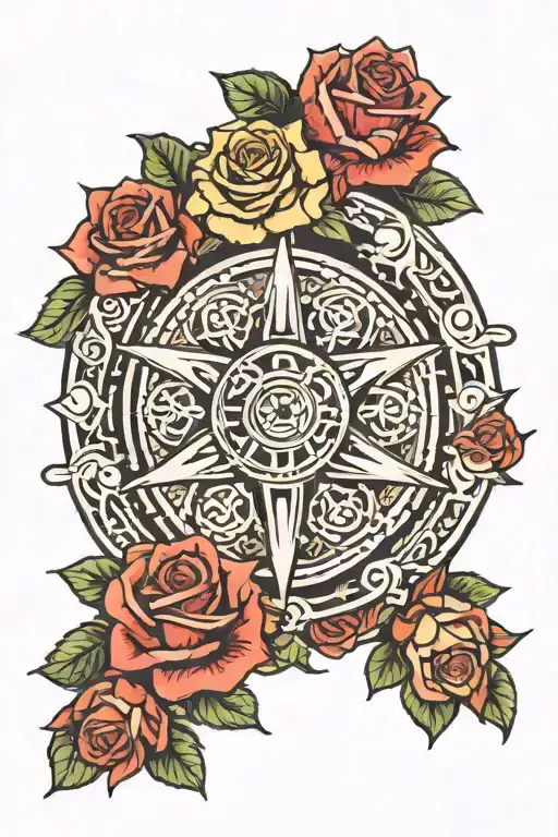 dharma wheel with roses surrounding tattoo design idea