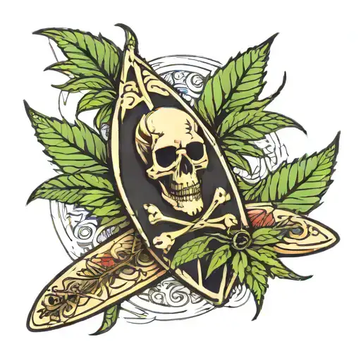 skeleton surfboard cannabis leaf intertwined tattoo design idea