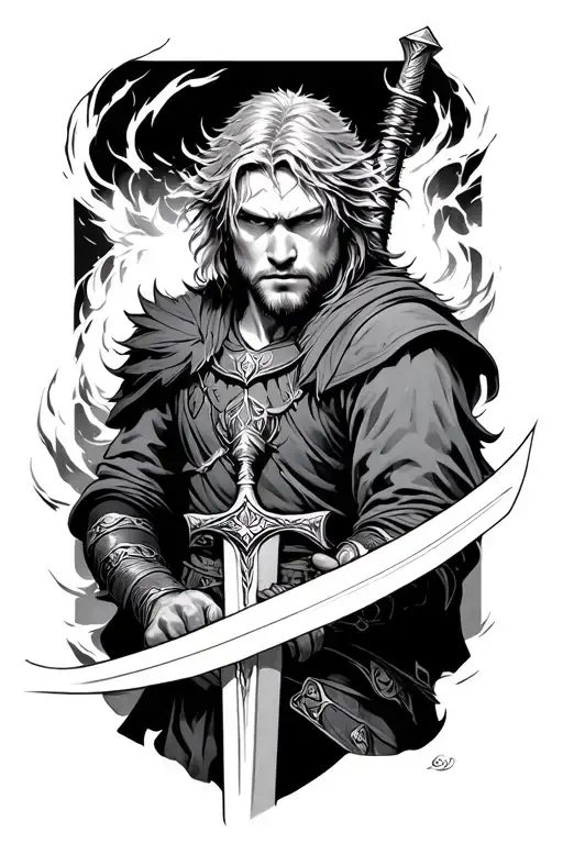 Thorfinn from Vinland Saga, with an intense and determined gaze, holding his sword firmly. Surround him with wind and de tattoo design idea
