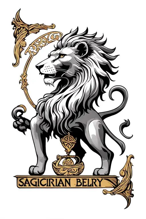 Zodiac Signs Sagicitarian Bellery Lion with Bousson Old World Card tattoo design idea