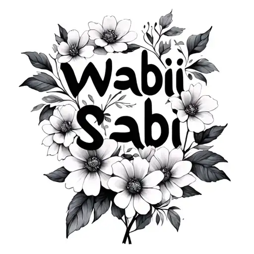 wabi sabi written with flowers surrounding it. tattoo design idea