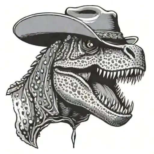 T-Rex from Jurassic Park, just the head, mouth closed, wearing a sequined cowboy hat and bandana tattoo design idea