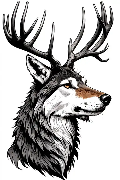 wolf earing red deer stag tattoo design idea