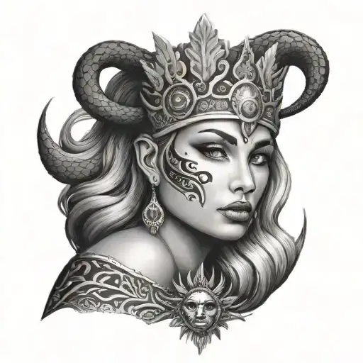 sun goddess face with realistic snake crown for shoulder tattoo design idea