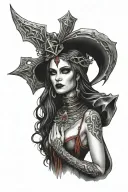 vampire woman wearing ankh neckless cross tattoo design idea