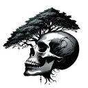 tree growing out of a skull with silhouette of a women  tattoo design idea
