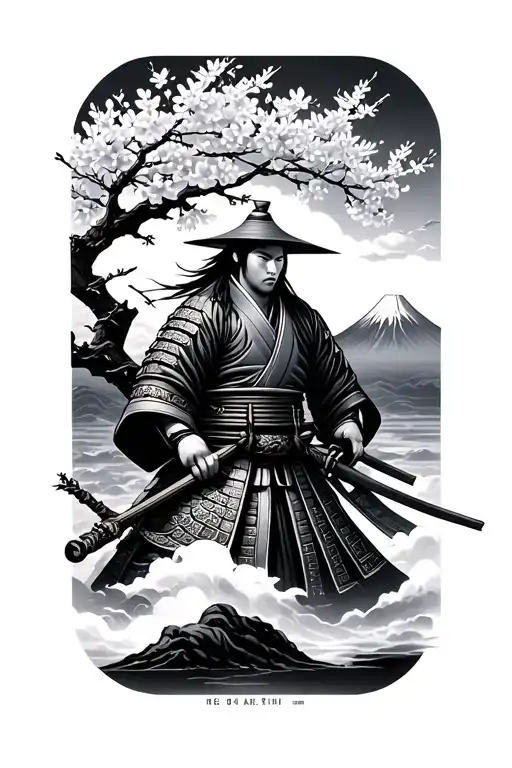 samurai and cherry blossoms with mt fuji tattoo design idea