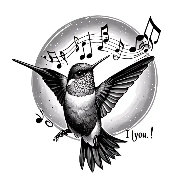 hummingbird with singing music notes saying I love you tattoo design idea