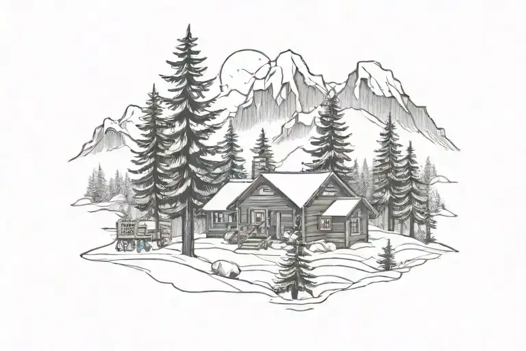 Mountain Scene pine trees cabin snowy tattoo design idea