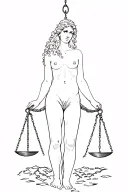A fine line of aphrodite in fine line, with a scale and broken chains falling at his feet tattoo design idea
