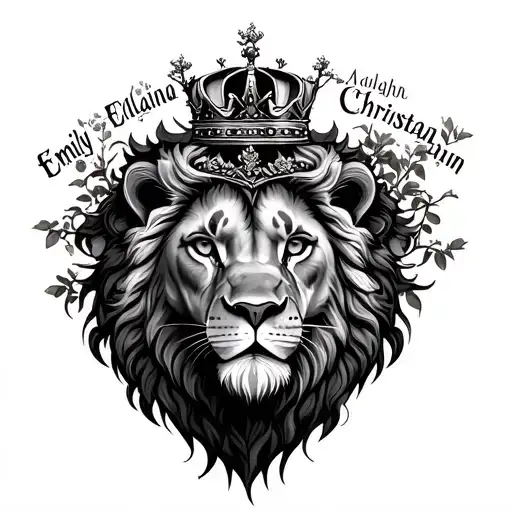 majestic lion wearing a crown protecting a bonsai tree with the names Emily , Elaina , Christin , Aaliyah , Emma on 5 tattoo design idea
