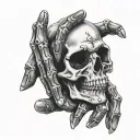 hand tattoo featuring skeleton fingers with skull on hand tattoo design idea