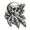 hand tattoo featuring skeleton fingers with skull on hand tattoo design idea