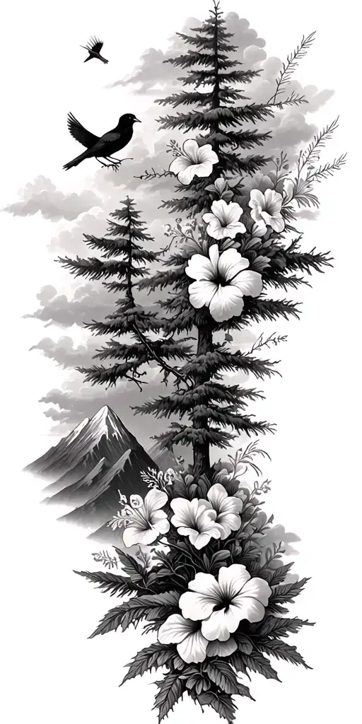 pine trees, hibiscus flowers,clouds, doves, crows, mountains, wildflowers tattoo design idea