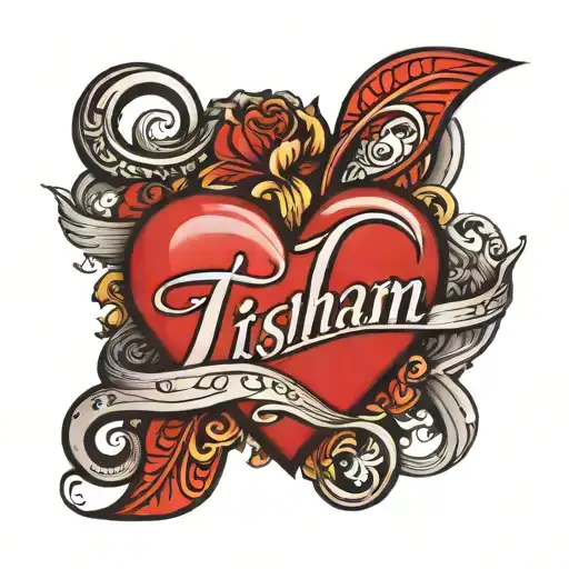 Itishaam name tattoo design with a red love heart and infinity symbol tattoo design idea