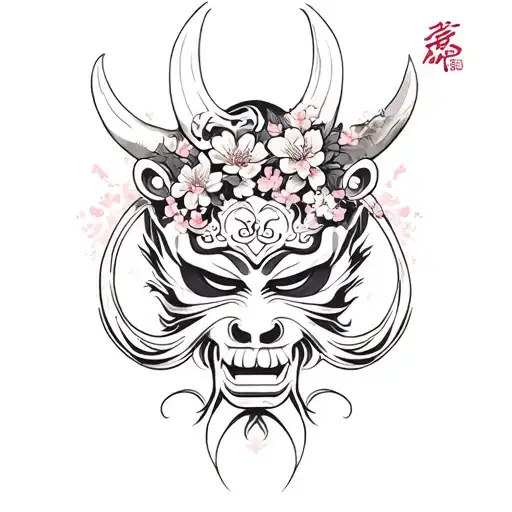half oni mask with cherry Blossom And Japanese life death kanji symbols tattoo design idea