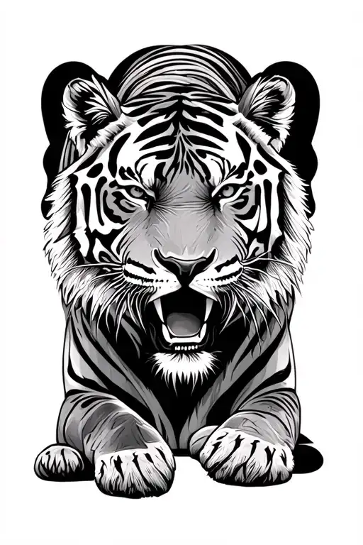 A fierce tiger laying down with a larger male tiger behind her tattoo design idea