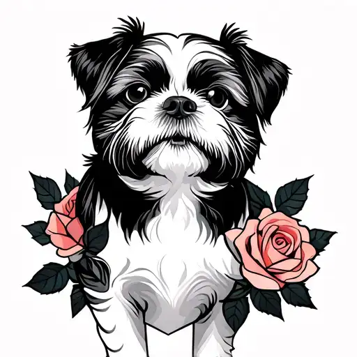 roses and shih tzu dog tattoo design idea