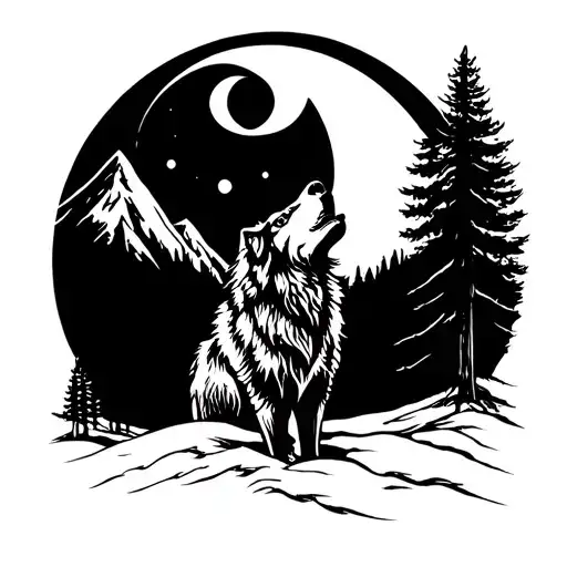 A tattoo of a majestic wolf howling at the moon, with a silhouette of mountains and a forest in the background tattoo design idea