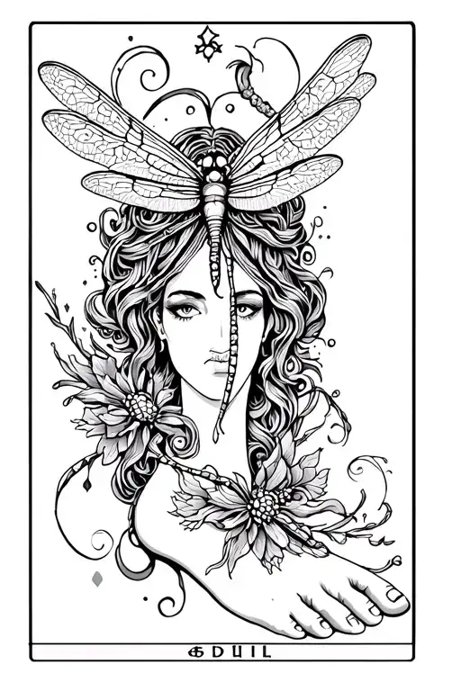 fineline ornamental tattoo for shin, tapering off onto the foot slightly, and to include a dragonfly, empress tarot card tattoo design idea