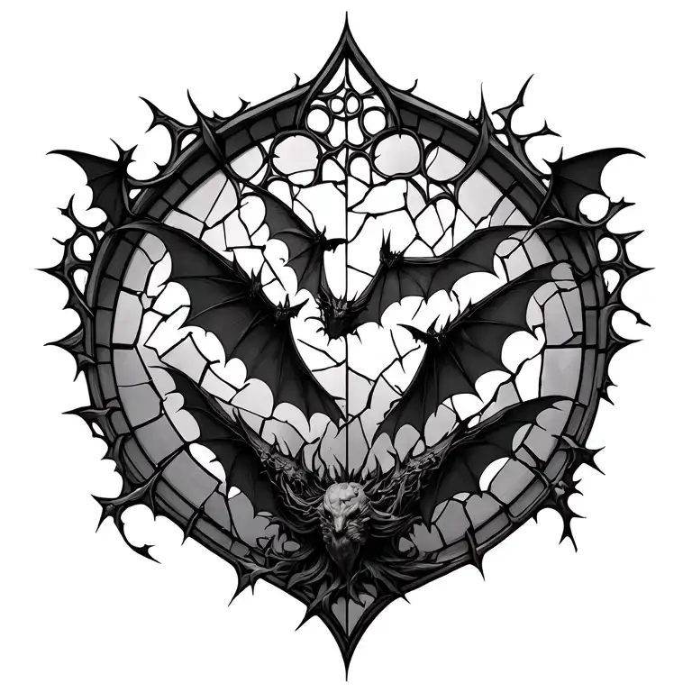 The intricate back piece of shattered stained-glass window with bats flying out, representing power and rebirth.  tattoo design idea