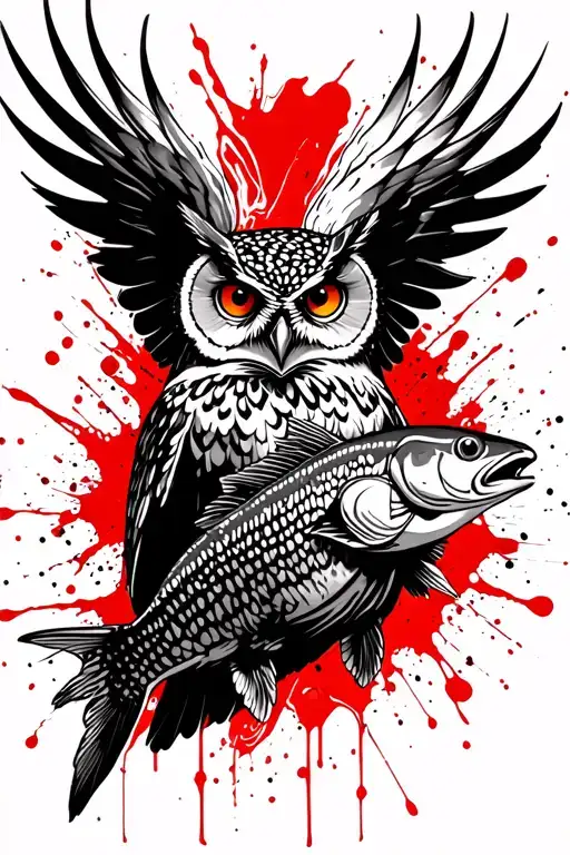 flying owl carrying catfish tattoo design idea