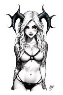 Sexy Pale Girl, Petite, Boobs, Wide Hips, G-string. Messy Hair, Demonic Horns, Sexual.... on hood, black eyes, smile tattoo design idea