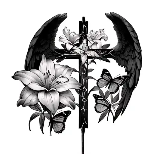 hear no evil speak no evil see no evil angels with  lilies ,monarch butterflies,empty space cross, though i fall i will  tattoo design idea