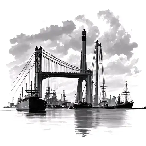 Vincent Thomas bridge with boats and refinery  tattoo design idea
