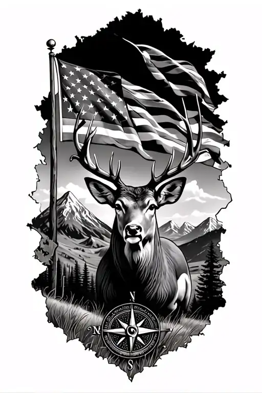 mountains wi in background with a torn u.s flag, a not all who wonder are lost compass, and a mule deer non typical buck tattoo design idea