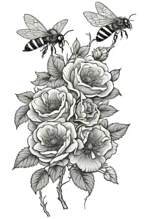 roses, poppies, honeycomb background and honeybee tattoo design idea