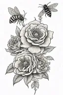 roses, poppies, honeycomb background and honeybee tattoo design idea