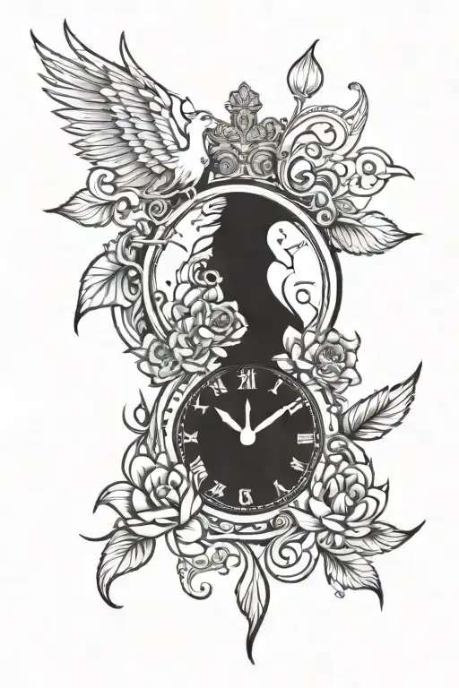 a crown on top of a clock in a vertical position with a lotus flower and a phoenix tattoo design idea