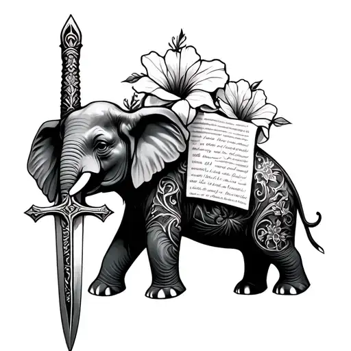Elephant with sword, hibiscus flowers, filigree lines, a cross, and scripture  tattoo design idea
