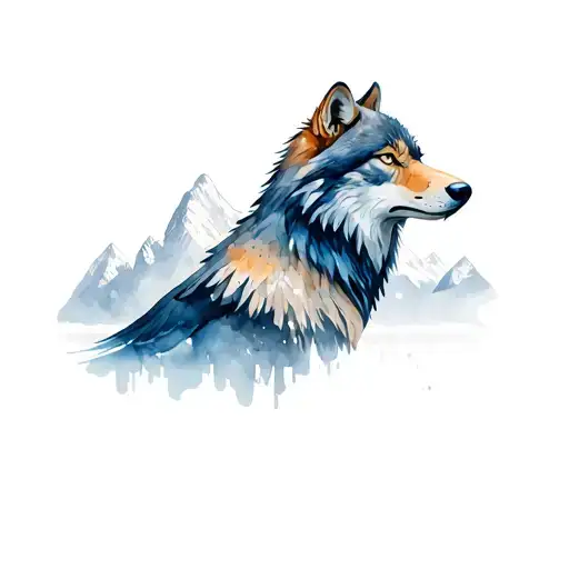 full sleeve wolf eagle mountains lake tattoo design idea