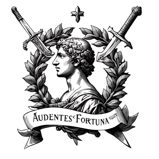 audentes fortuna iuvat in a banner, with a side profile of a laurel wreath above, and a sword going in between the laure tattoo design idea