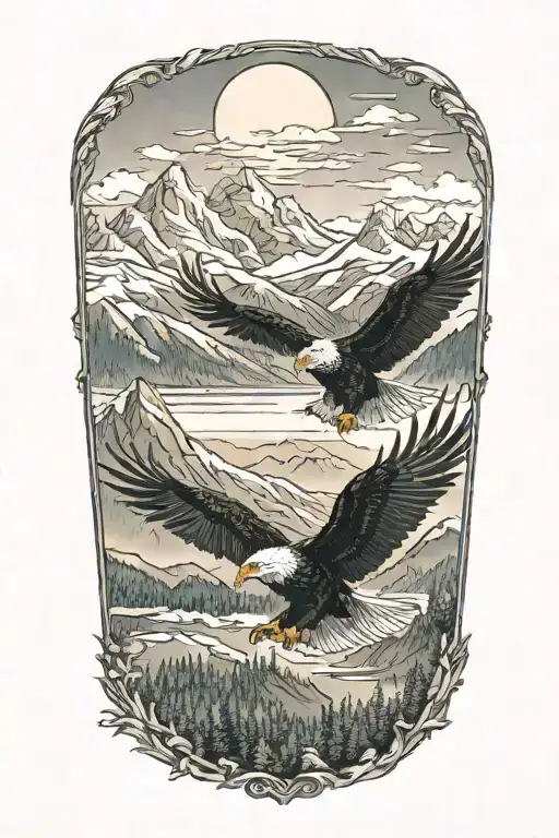 A majestic bald eagle soaring over a mountain landscape at sunrise tattoo design idea