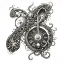 An intricate design of a music note intertwined with a clock to symbolize the night shift occupation tattoo design idea