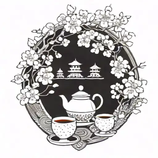 A traditional Japanese tea ceremony set surrounded by cherry blossom trees tattoo design idea