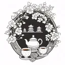A traditional Japanese tea ceremony set surrounded by cherry blossom trees tattoo design idea