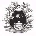 A traditional Japanese tea ceremony set surrounded by cherry blossom trees tattoo design idea