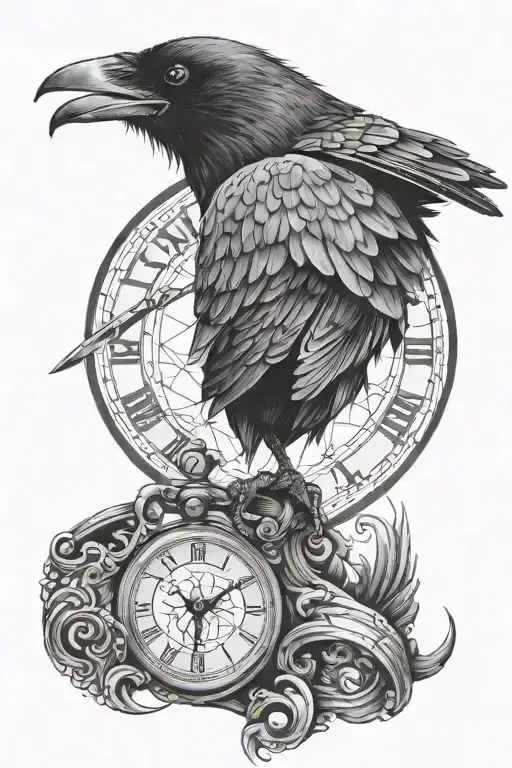 raven perched on a moon with a watch face tattoo design idea