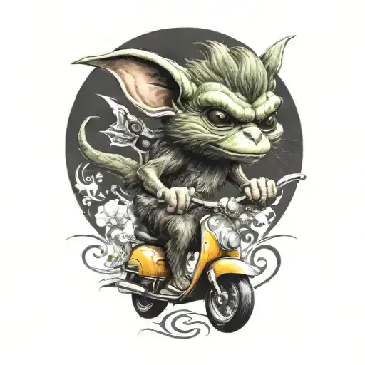 gremlin riding a scooter curly hair tattoo design idea