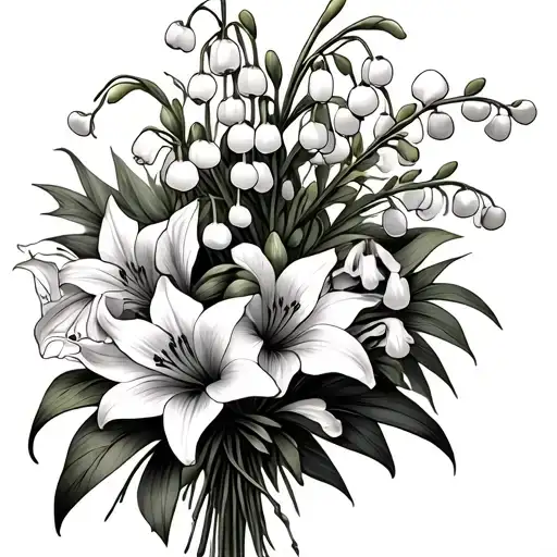 flower bouquet with lily of the valley, Gladiolus and Larkspur flower tattoo design idea