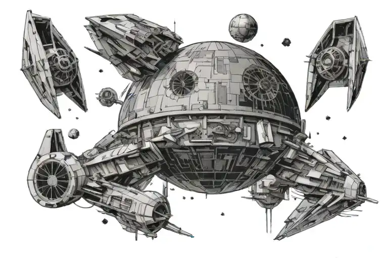 Star Wars imperial theme full chest tattoo with a space battle around the Death Star tattoo design idea