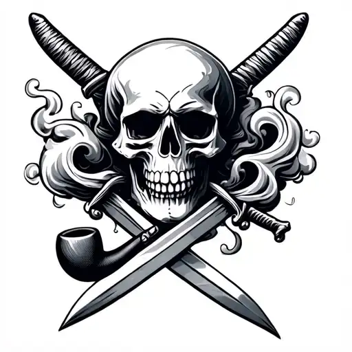 A skull with crossed swords and a smoking pipe, surrounded by swirling smoke tattoo design idea