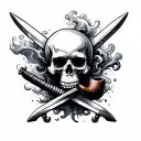 A skull with crossed swords and a smoking pipe, surrounded by swirling smoke tattoo design idea