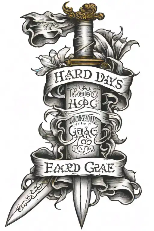"Hard Days teach amazing grace" written with sword tattoo design idea